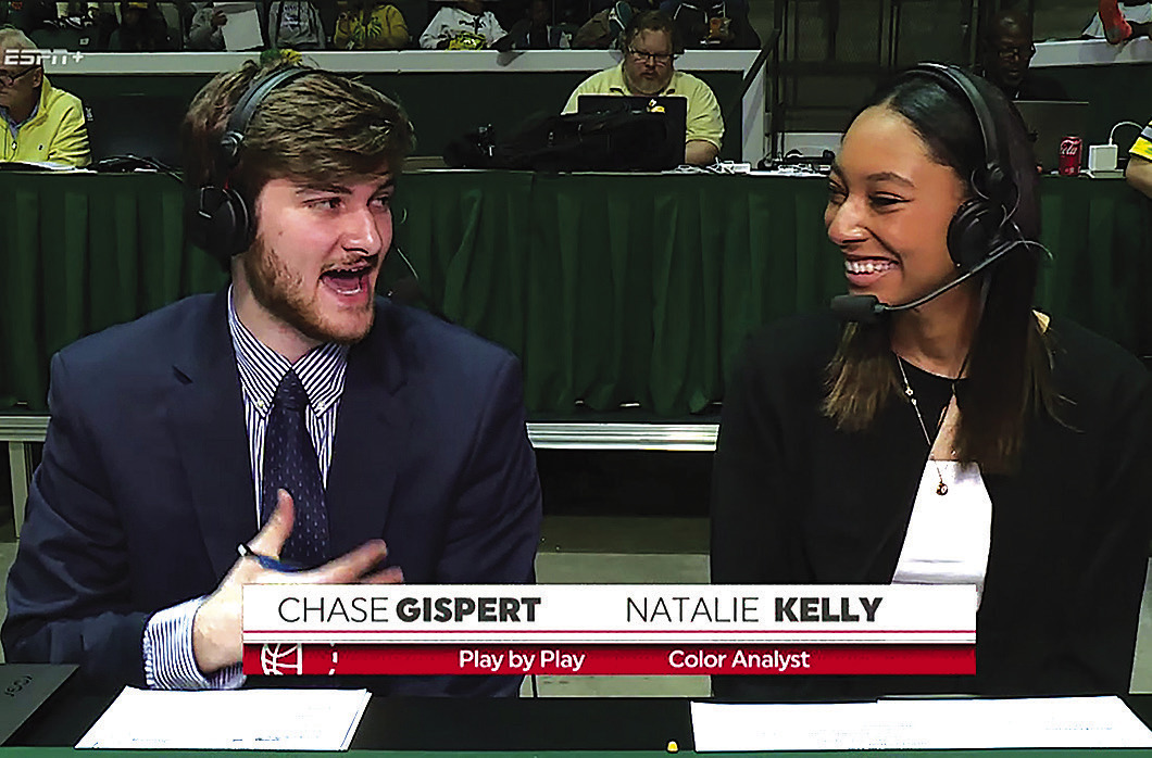 Students at Southeastern Louisiana University recently won a Student Production Emmy Award from the National Academy of Television Arts and Sciences Suncoast Chapter. The award recognized the live ESPN+ presentation of the Southeastern vs. LSU Women’s Basketball game on Nov. 17. Chase Gispert, left, served as the play-by-play announcer, while Natalie Kelly, right, was the color analyst for the game.